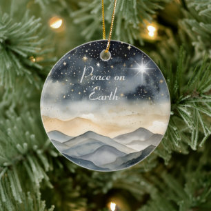 Peace on Earth Mountain Sky Star Family Name Ceramic Ornament