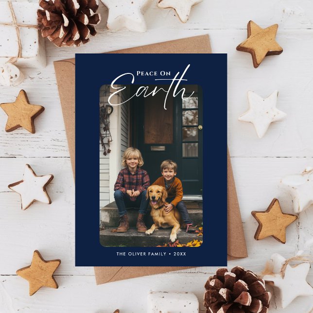 Peace On Earth Navi Blue Dog Kids Photo Christmas Holiday Card (Creator Uploaded)