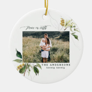Peace on earth painted floral photo holiday ceramic ornament