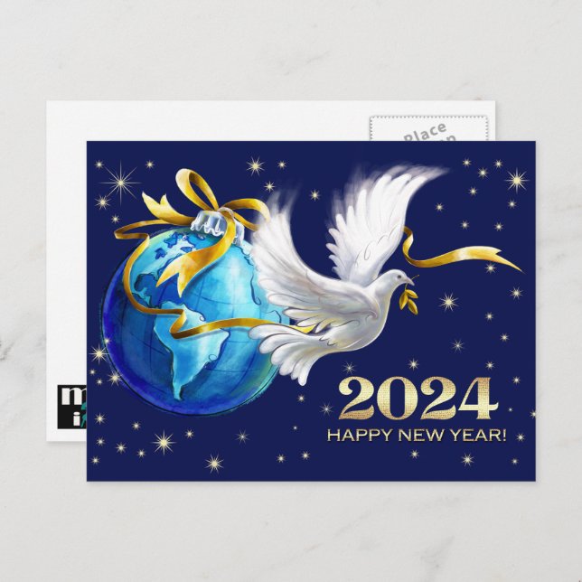 Peace on Earth. Peace Dove New Year's 2024 Holiday Postcard (Front/Back)