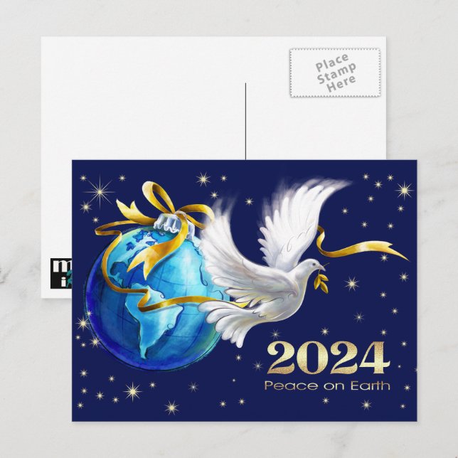 Peace on Earth. Peace Dove New Year's 2024 Holiday Postcard (Front/Back)