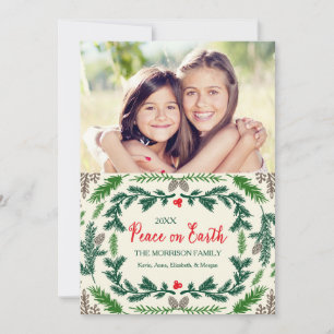 Peace On Earth Pine Branches Holiday Photo Card