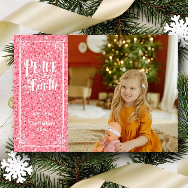 Peace on Earth Pink Glitter Elegant Script Modern Holiday Card (Creator Uploaded)