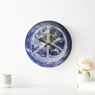 PEACE on Earth Planet in Space Peace Symbol Sign Large Clock