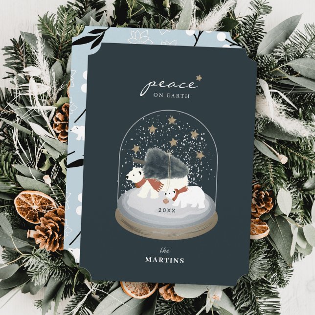 Peace on Earth Polar Bears Snow Globe Holiday Card (Creator Uploaded)