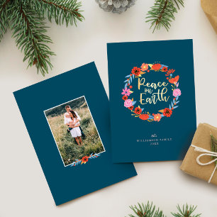 Peace on Earth Pretty Floral Folk Art Wreath Holiday Card