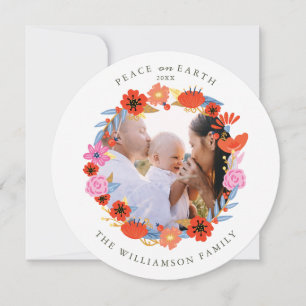 Peace on Earth Pretty Floral Folk Art Wreath Photo Holiday Card