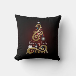 Peace on Earth quote with gold Christmas tree Cushion