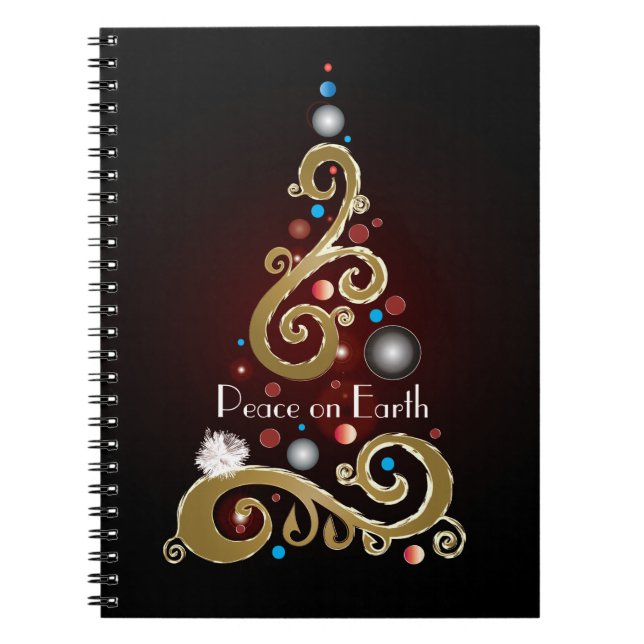 Peace on Earth quote with gold Christmas tree Notebook (Front)