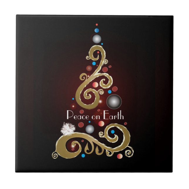 Peace on Earth quote with gold Christmas tree Tile (Front)