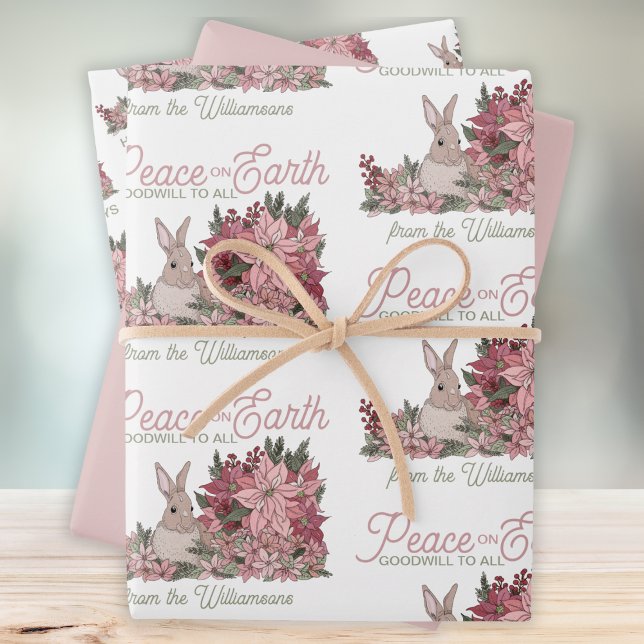 Peace on Earth Rabbit in Flowers Christmas Wrapping Paper Sheet (Creator Uploaded)