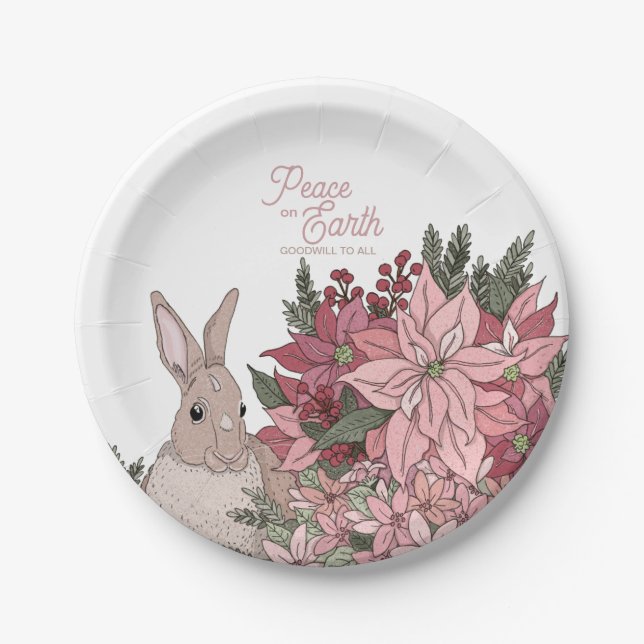 Peace on Earth Rabbit in Flowers Pink Paper Plate (Front)