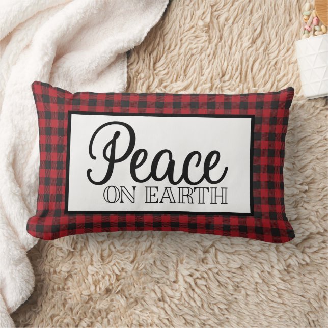 Peace on Earth - Red and Black Buffalo Plaid Lumbar Cushion (Blanket)