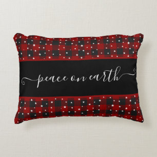 Peace on earth Red and black plaid with stars Decorative Cushion
