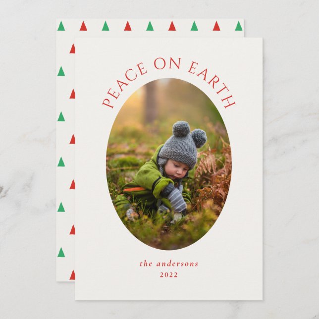 Peace on Earth Red Green Cameo Photo Holiday Card (Front/Back)