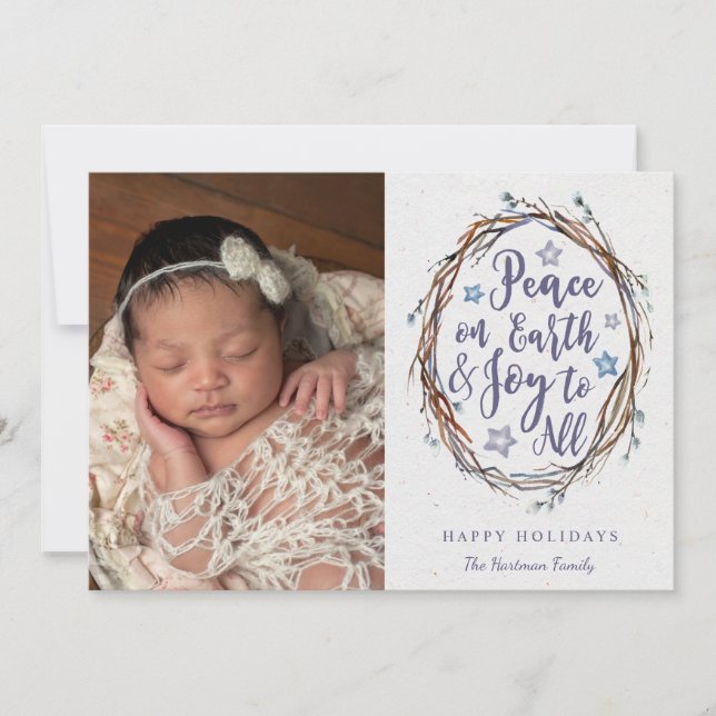 Peace on Earth Rustic Wreath Christmas Photo Holiday Card (Front)