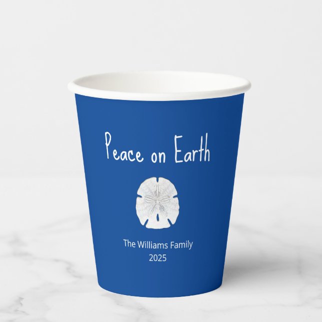 Peace on Earth Sand Dollar Blue Christmas Party Paper Cups (Front)