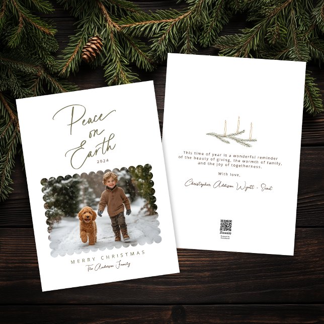 Peace on Earth Script Modern Minimalist Photo Holiday Card (Shown on a 5" x 7" card.  Double-sided.)