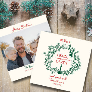 Peace on Earth Scripture Hand Drawn Wreath Photo Holiday Card
