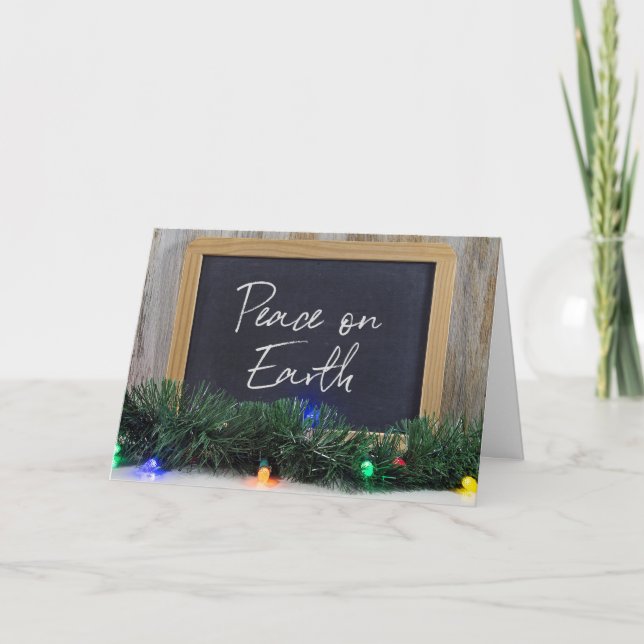 Peace On Earth sign on black chalkboard Holiday Card (Front)