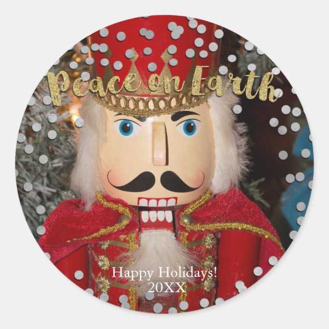 Peace on Earth Silver & Gold Nutcracker Christmas Classic Round Sticker (Front)