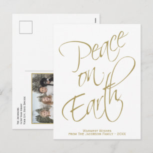 Peace on Earth Simple Elegant Gold & White Photo Holiday Postcard