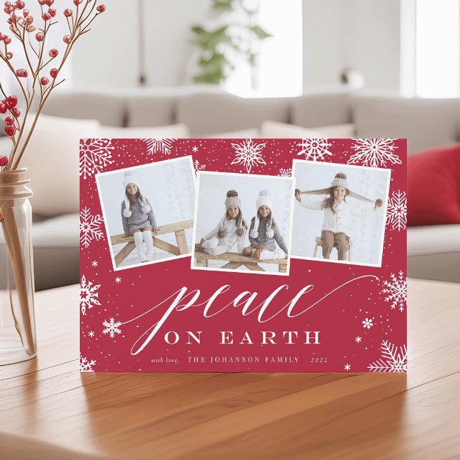 Peace on Earth | Snowflake 3 Photo Collage Holiday Card (Creator Uploaded)