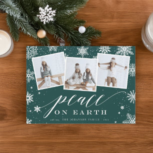 Peace on Earth   Snowflake 3 Photo Collage Holiday Card