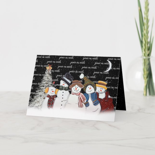 Peace On Earth Snowmen In Snowflakes Holiday Card (Front)