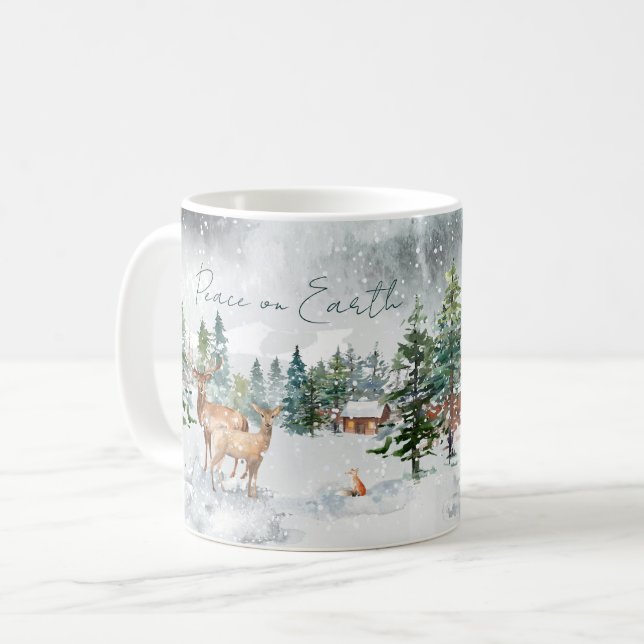 Peace On Earth Snowy Forest Animals Christmas Coffee Mug (Front Left)
