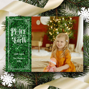 Peace on Earth Sparkling Green Glitter Christmas Holiday Card