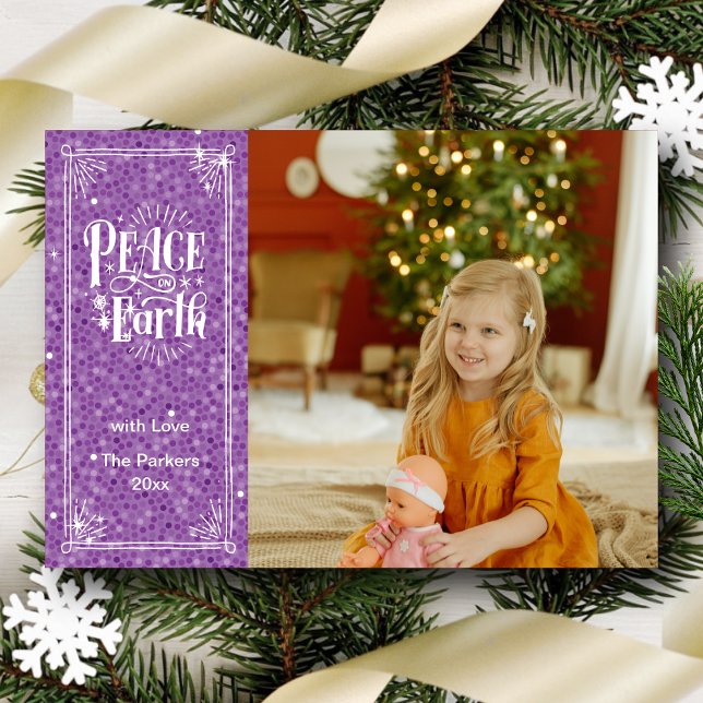 Peace on Earth Sparkling Purple Glitter Christmas Holiday Card (Creator Uploaded)