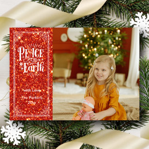 Peace on Earth Sparkling Red Glitter Christmas Holiday Card