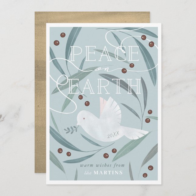 Peace on Earth White Dove Blue Christmas Card (Front/Back)