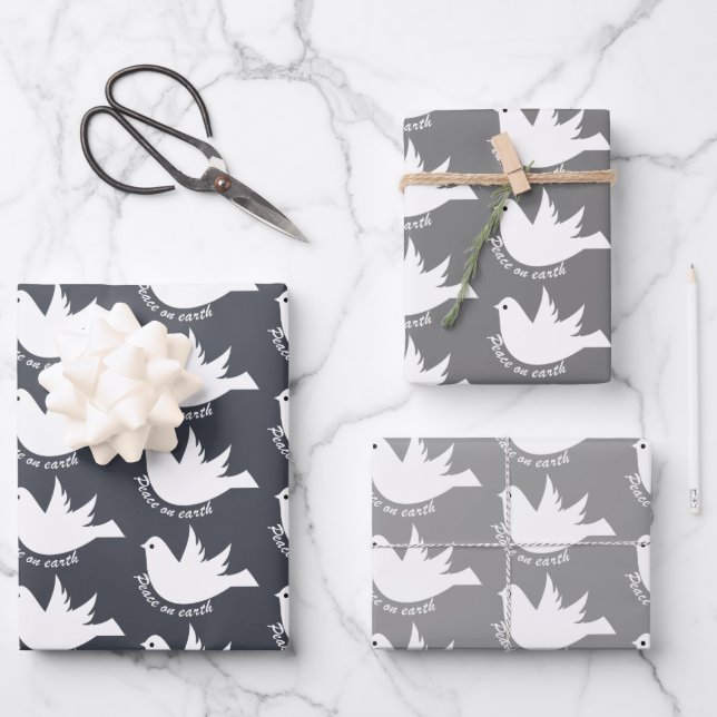 Peace on Earth white dove grey Christmas Wrapping Paper Sheet (Front)