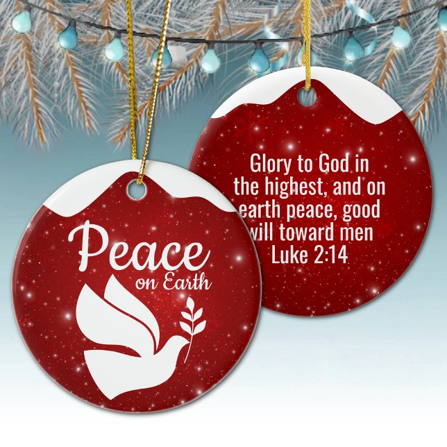 Peace On Earth white dove religious holiday 🕊🎄 Ceramic Ornament (peace on earth white dove religious holiday christian season bible verse luke 2 14 festive design 🕊)