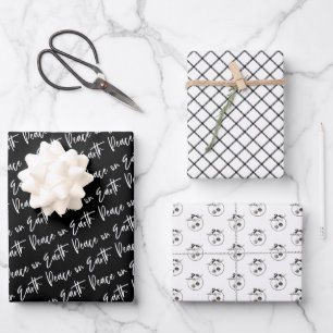 Peace on Earth Winter Black Pattern Wrapping Paper Sheet