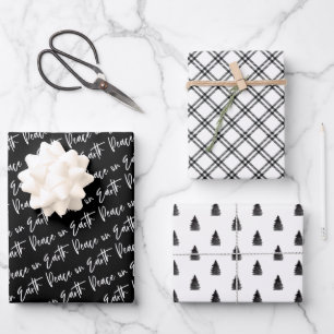 Peace on Earth Winter Black Patterns Wrapping Paper Sheet