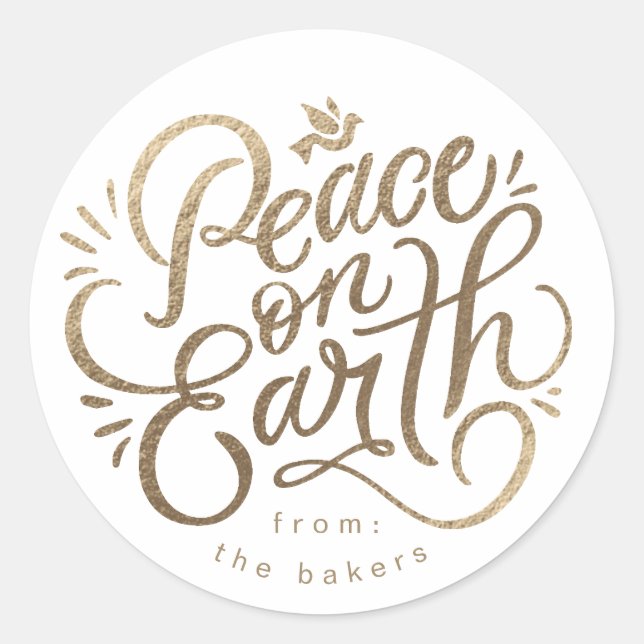  Peace on Earth with dove faux-gold modern script  Classic Round Sticker (Front)