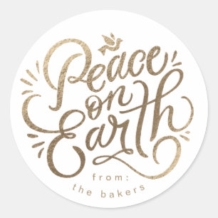  Peace on Earth with dove faux-gold modern script  Classic Round Sticker