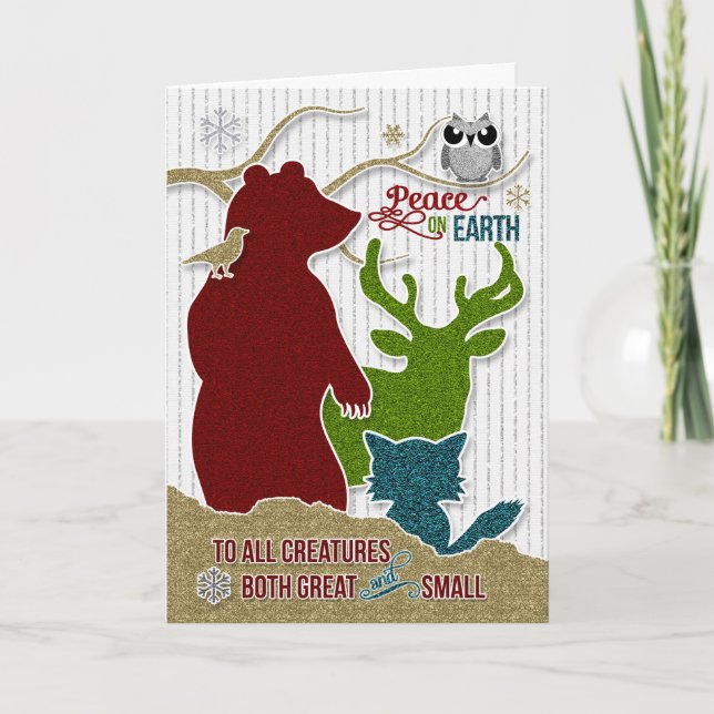 Peace on Earth with Glitter Style Woodland Animals Holiday Card (Front)
