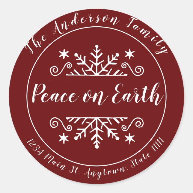 Peace on earth with snowflake personalised classic round sticker (Front)