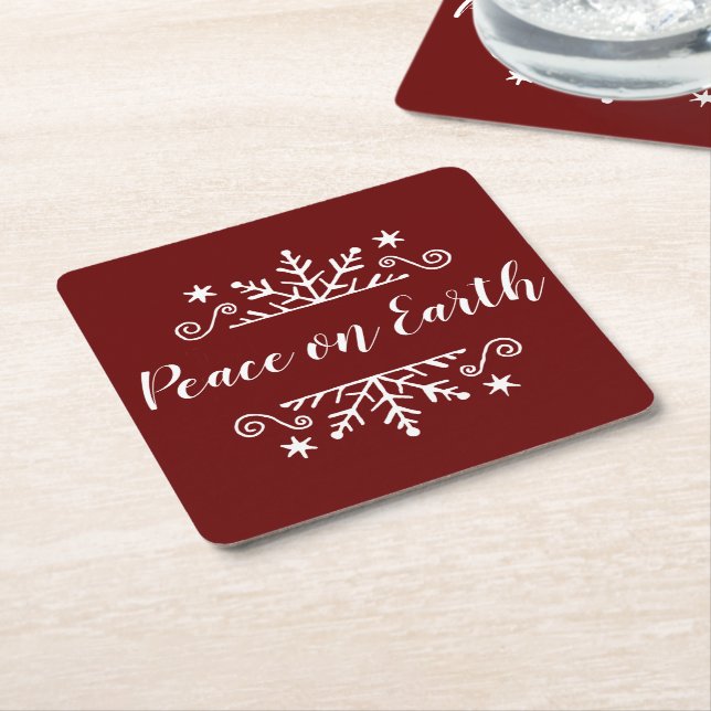 Peace on earth with snowflake  square paper coaster (Angled)