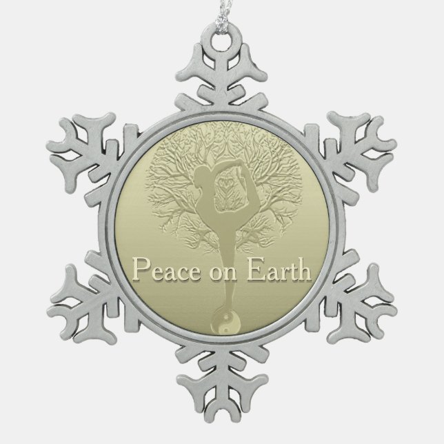 Peace on Earth Yoga Tree Snowflake Pewter Christmas Ornament (Front)