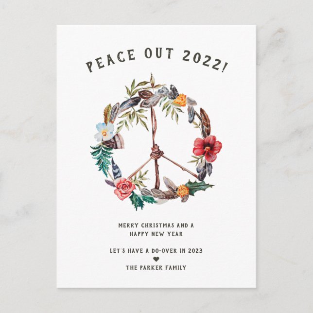 Peace Out 2020 | Boho Floral New Years Wreath Postcard (Front)