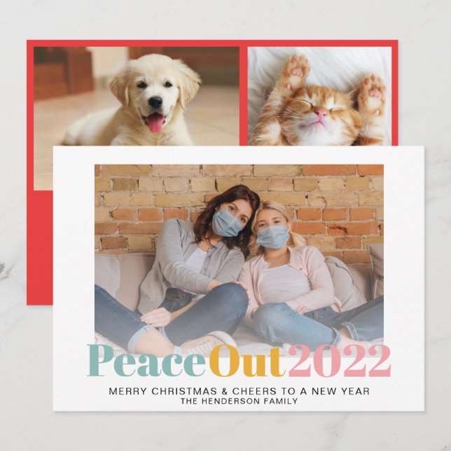 Peace Out 2020 Colourful Pastels Christmas Photos Holiday Card (Front/Back)