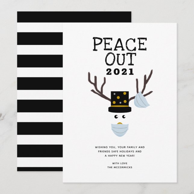 Peace Out 2021 Funny New Years Face Mask Reindeer Holiday Card (Front/Back)
