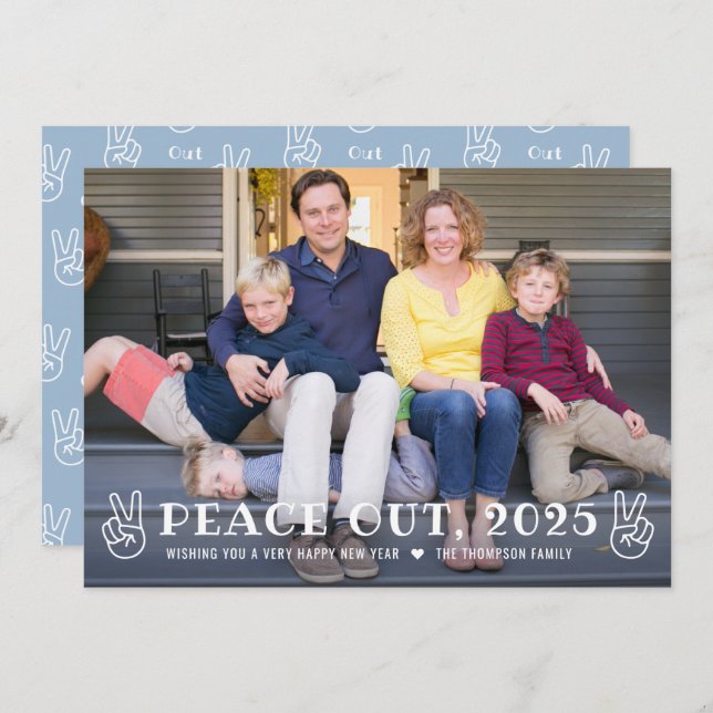 Peace Out 2023 Blue Happy New Year Funny Photo Holiday Card (Front/Back)