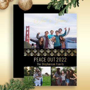 Peace Out 2023 What A Year 3 Photo Collage - Black Foil Holiday Card