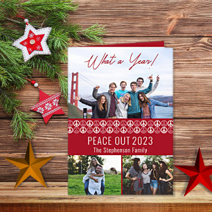 Peace Out 2023 What A Year 3 Photo Collage - Red Holiday Card